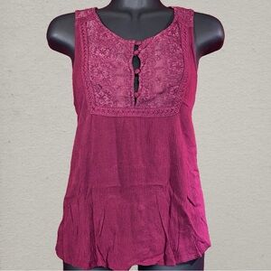 MINE Eggplant Purple Sleeveless Blouse with Lacey Mesh Embroidered Inlay